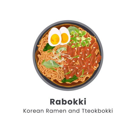 Hand drawn vector illustration of spicy Rapokki or Rabokki spicy instant noodle with Korean rice cake