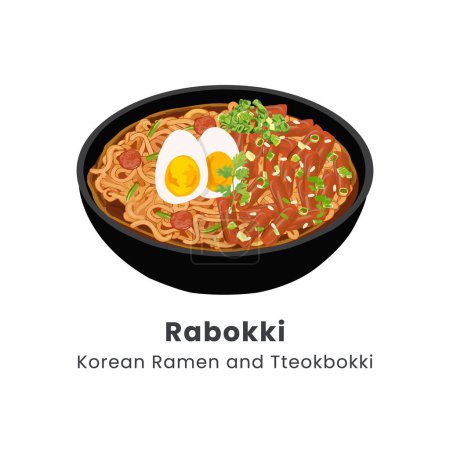 Hand drawn vector illustration of spicy Rapokki or Rabokki spicy instant noodle with Korean rice cake