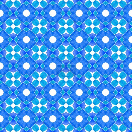 Photo for Textile ready modern print, swimwear fabric, wallpaper, wrapping. Blue fresh boho chic summer design. Watercolor ikat repeating tile border. Ikat repeating swimwear design. - Royalty Free Image