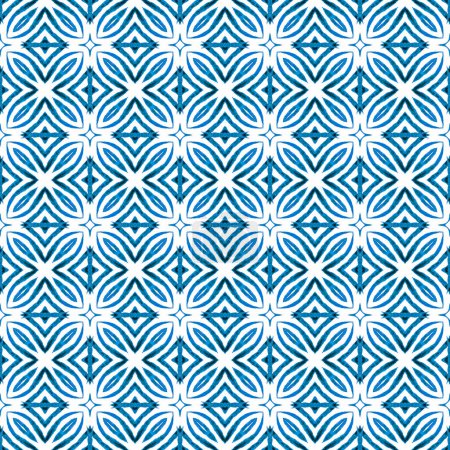 Photo for Watercolor ikat repeating tile border. Blue overwhelming boho chic summer design. Ikat repeating swimwear design. Textile ready mesmeric print, swimwear fabric, wallpaper, wrapping. - Royalty Free Image