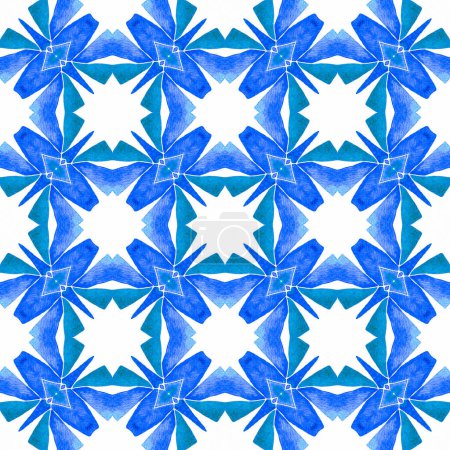 Photo for Textile ready classic print, swimwear fabric, wallpaper, wrapping. Blue lively boho chic summer design. Watercolor ikat repeating tile border. Ikat repeating swimwear design. - Royalty Free Image
