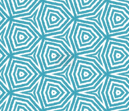 Ikat wiederholt Bademoden-Design. Türkis symmetrischer Kaleidoskop-Hintergrund. Sommer ikat Sweatwear Muster. Textilfertiger toller Druck, Bademodenstoff, Tapete, Verpackung.