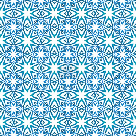 Watercolor ikat repeating tile border. Blue cool boho chic summer design. Ikat repeating swimwear design. Textile ready worthy print, swimwear fabric, wallpaper, wrapping.