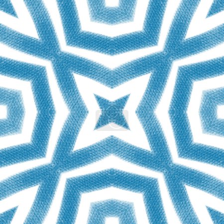 Exotisches nahtloses Muster. Blauer symmetrischer Kaleidoskop-Hintergrund. Sommer Bademode exotisches, nahtloses Design. Textilfertiger künstlerischer Druck, Bademodenstoff, Tapete, Verpackung.
