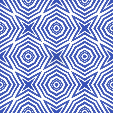 Geometrisches nahtloses Muster. Indigo symmetrischer Kaleidoskop-Hintergrund. Handgezeichnetes geometrisches nahtloses Design. Textilfertiger ansprechender Druck, Bademodenstoff, Tapete, Verpackung.