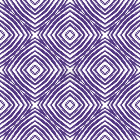 Ikat wiederholt Bademoden-Design. Lila symmetrischer Kaleidoskop-Hintergrund. Sommer ikat Sweatwear Muster. Textilfertiger symmetrischer Druck, Bademodenstoff, Tapete, Verpackung.