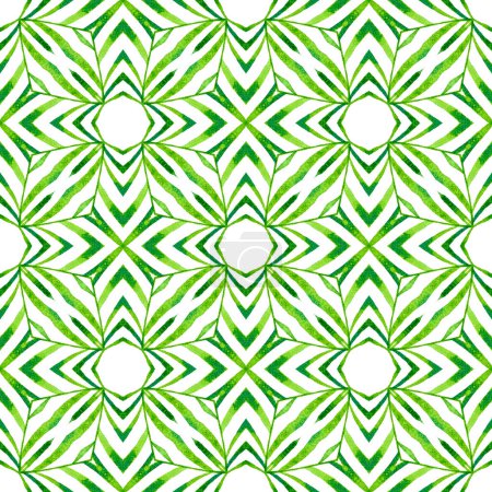 Textile ready wondrous print, swimwear fabric, wallpaper, wrapping. Green excellent boho chic summer design. Watercolor ikat repeating tile border. Ikat repeating swimwear design.