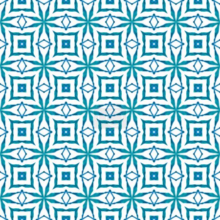 Hand painted tiled watercolor border. Blue trending boho chic summer design. Textile ready bold print, swimwear fabric, wallpaper, wrapping. Tiled watercolor background.