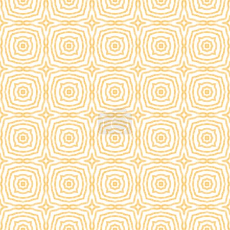 Exotisches nahtloses Muster. Gelber symmetrischer Kaleidoskop-Hintergrund. Textilfertiger prachtvoller Druck, Bademodenstoff, Tapeten, Verpackung. Sommer Bademode exotisches nahtloses Design.