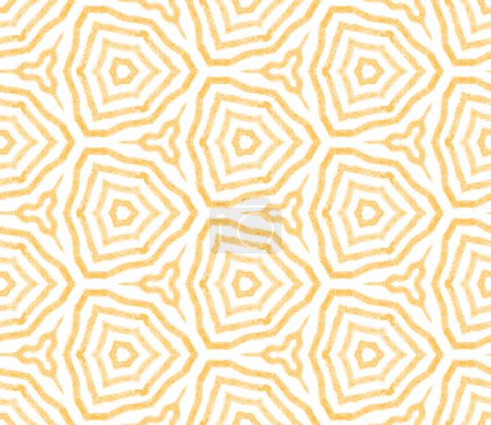 Strukturiertes Streifenmuster. Gelber symmetrischer Kaleidoskop-Hintergrund. Trendiges Design mit strukturierten Streifen. Textilfertiger schöner Druck, Bademodenstoff, Tapete, Verpackung.