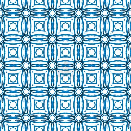 Textile ready artistic print, swimwear fabric, wallpaper, wrapping. Blue captivating boho chic summer design. Watercolor ikat repeating tile border. Ikat repeating swimwear design.