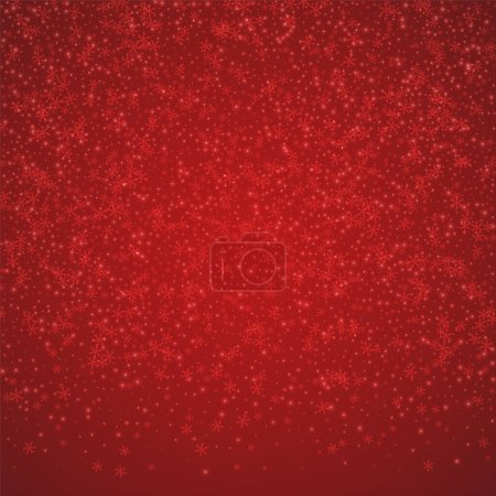 Illustration for Magic falling snow christmas background. Subtle flying snow flakes and stars on christmas red background. Magic falling snow holiday scenery.   Square vector illustration. - Royalty Free Image