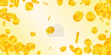 Thai baht coins falling. Gold scattered THB coins. Thailand money. Great business success concept. Wide vector illustration.