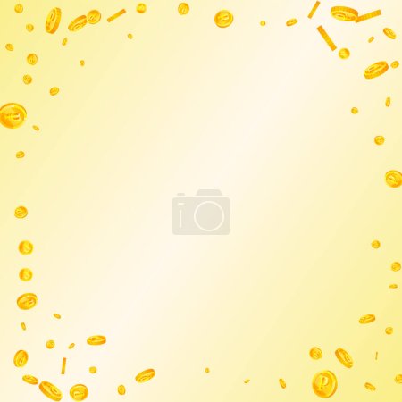 Illustration for Russian ruble coins falling. Scattered gold RUB coins. Russia money. Great business success concept. Square vector illustration. - Royalty Free Image