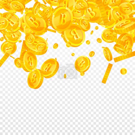 Thai baht coins falling. Gold scattered THB coins. Thailand money. Jackpot wealth or success concept. Square vector illustration.