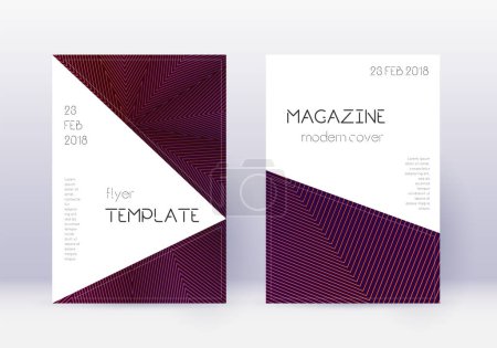 Triangle cover design template set. Violet abstract lines on dark background. Indelible cover design. Ravishing catalog, poster, book template etc.