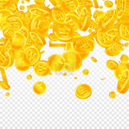 Illustration for Korean won coins falling. Scattered gold WON coins. Korea money. Global financial crisis concept. Square vector illustration. - Royalty Free Image
