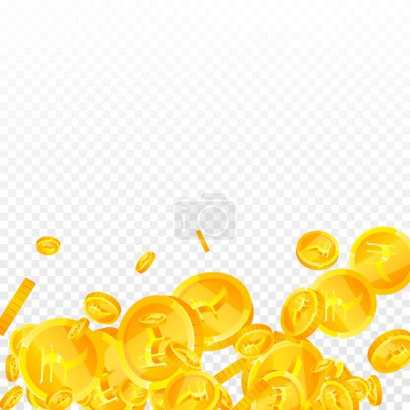 Indian rupee coins falling. Scattered gold INR coins. India money. Jackpot wealth or success concept. Square vector illustration.