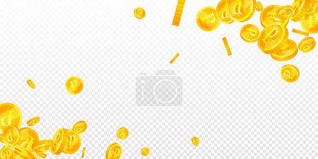 Russian ruble coins falling. Scattered gold RUB coins. Russia money. Jackpot wealth or success concept. Wide vector illustration.