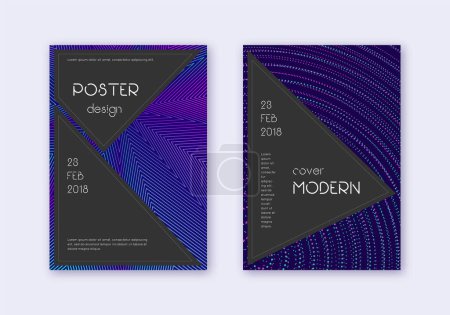 Black cover design template set. Neon abstract lines on dark blue background. Admirable cover design. Imaginative catalog, poster, book template etc.
