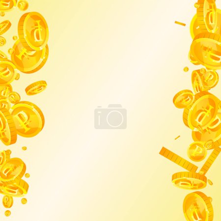 Russian ruble coins falling. Scattered gold RUB coins. Russia money. Great business success concept. Square vector illustration.
