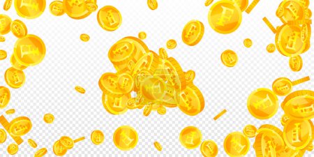 Swiss franc coins falling. Gold scattered CHF coins. Switzerland money. Jackpot wealth or success concept. Wide vector illustration.