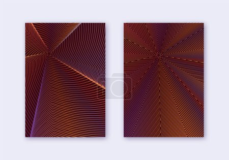 Illustration for Cover design template set. Abstract lines modern brochure layout. Orange vibrant halftone gradients on wine-red background. Exceptional brochure, catalog, poster, book etc. - Royalty Free Image