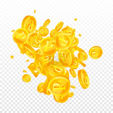 Russian ruble coins falling. Scattered gold RUB coins. Russia money. Jackpot wealth or success concept. Square vector illustration.