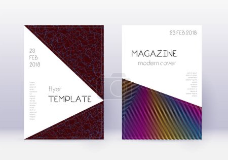 Triangle cover design template set. Rainbow abstract lines on wine red background. Indelible cover design. Comely catalog, poster, book template etc.