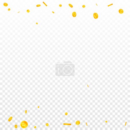 Russian ruble coins falling. Scattered gold RUB coins. Russia money. Great business success concept. Square vector illustration.