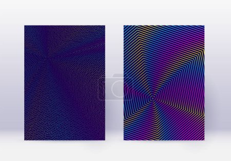 Illustration for Cover design template set. Abstract lines modern brochure layout. Rainbow vibrant halftone gradients on dark blue background. Shapely brochure, catalog, poster, book etc. - Royalty Free Image