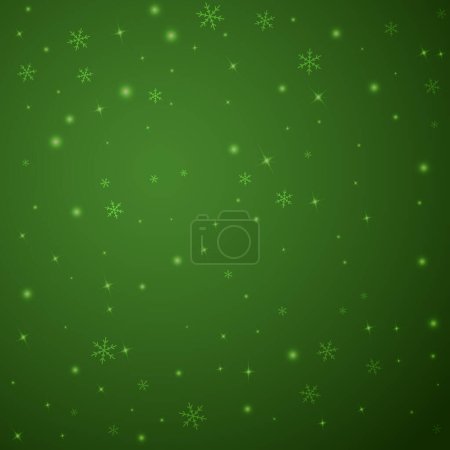 La caída de los copos de nieve fondo de Navidad. Sutiles copos de nieve voladores y estrellas sobre fondo verde navidad. Bellamente caída de copos de nieve superposición. Ilustración de vector cuadrado.