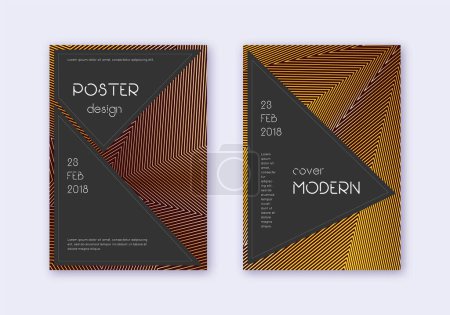 Illustration for Black cover design template set. Gold abstract lines on maroon background. Actual cover design. Pleasant catalog, poster, book template etc. - Royalty Free Image