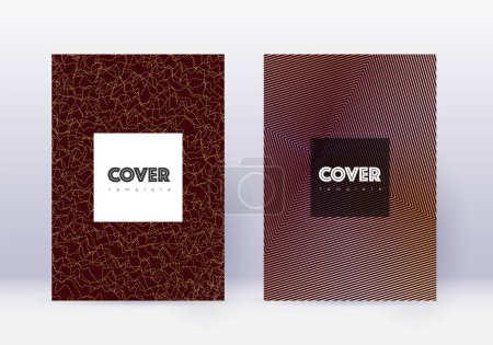 Hipster cover design template set. Gold abstract lines on maroon background. Comely cover design. Tempting catalog, poster, book template etc.