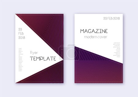Triangle cover design template set. Violet abstract lines on dark background. Indelible cover design. Valuable catalog, poster, book template etc.