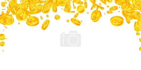 Russian ruble coins falling. Scattered gold RUB coins. Russia money. Jackpot wealth or success concept. Wide vector illustration.