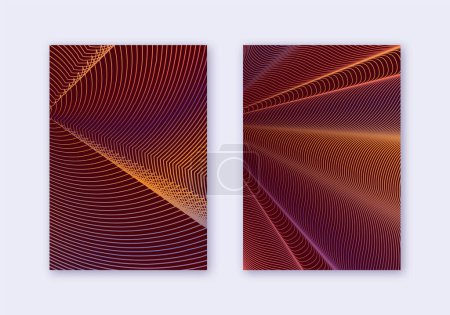 Illustration for Cover design template set. Abstract lines modern brochure layout. Orange vibrant halftone gradients on wine-red background. Fascinating brochure, catalog, poster, book etc. - Royalty Free Image
