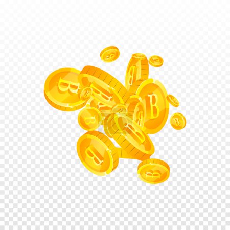 Thai baht coins falling. Gold scattered THB coins. Thailand money. Jackpot wealth or success concept. Square vector illustration.