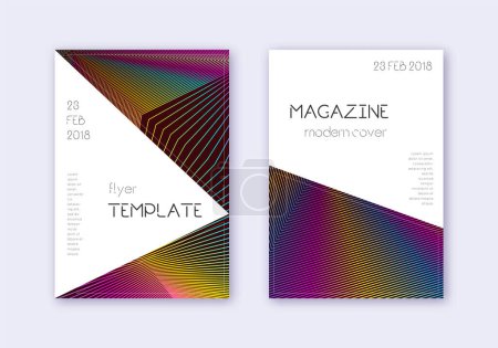 Triangle cover design template set. Rainbow abstract lines on wine red background. Indelible cover design. Authentic catalog, poster, book template etc.