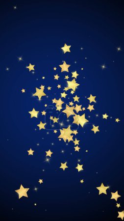 Magic stars vector overlay.  Gold stars scattered around randomly, falling down, floating.  Chaotic dreamy childish overlay template. Vector magic overlay  on dark blue background.