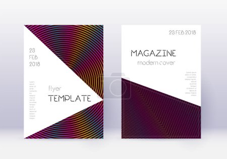 Triangle cover design template set. Rainbow abstract lines on wine red background. Indelible cover design. Amusing catalog, poster, book template etc.