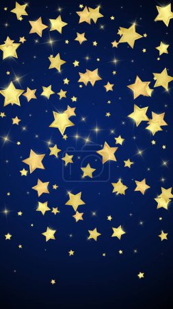 Magische Sterne Vektor-Overlay. Goldsterne verstreuten sich zufällig, fielen herunter und schwebten. Chaotisch verträumte, kindliche Overlay-Vorlage. Vektor-Magie-Overlay auf dunkelblauem Hintergrund.