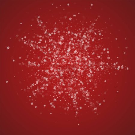 Snowy christmas background. Subtle flying snow flakes and stars on christmas red background. Delicate sweet snowy christmas. Square vector illustration.