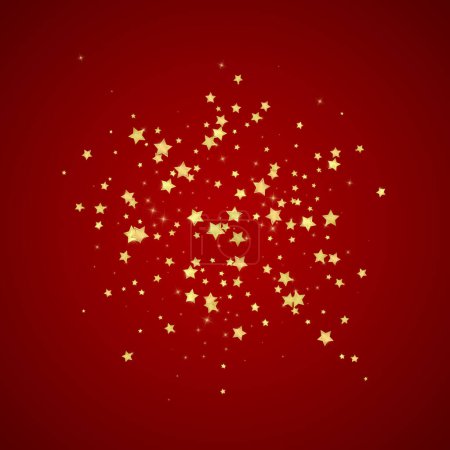 Magische Sterne Vektor-Overlay. Goldsterne verstreuten sich zufällig, fielen herunter und schwebten. Chaotisch verträumte, kindliche Overlay-Vorlage. Vektor-Magie-Overlay auf rotem Hintergrund.