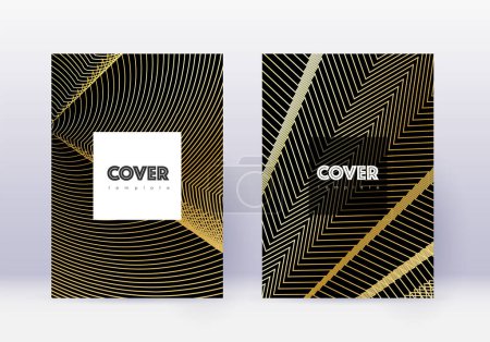 Hipster cover design template set. Gold abstract lines on black background. Comely cover design. Interesting catalog, poster, book template etc.