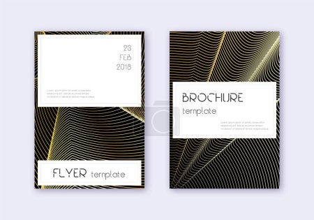 Illustration for Stylish cover design template set. Gold abstract lines on black background. Fascinating cover design. Wondrous catalog, poster, book template etc. - Royalty Free Image