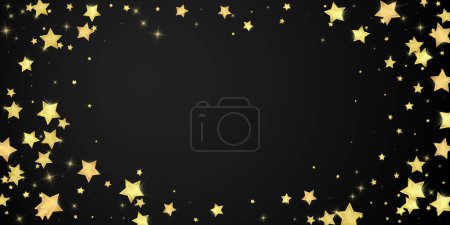 Magic stars vector overlay.  Gold stars scattered around randomly, falling down, floating.  Chaotic dreamy childish overlay template. on black background.