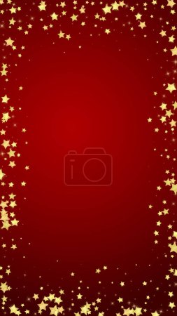 Magic stars vector overlay.  Gold stars scattered around randomly, falling down, floating.  Chaotic dreamy childish overlay template. Magical cartoon night sky on red background.