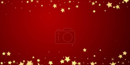 Magic stars vector overlay.  Gold stars scattered around randomly, falling down, floating.  Chaotic dreamy childish overlay template. Enchanting vector with magic stars on red background.