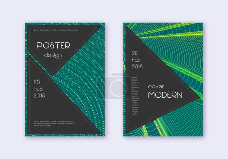 Illustration for Black cover design template set. Green abstract lines on dark background. Admirable cover design. Alive catalog, poster, book template etc. - Royalty Free Image